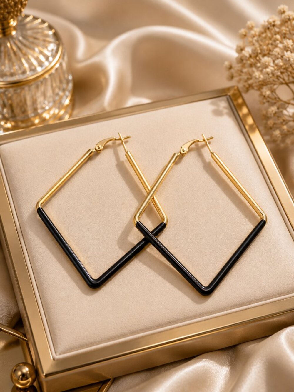 Gold Black Enamel Diamond Square Hoop Earrings – Geometric Statement Jewelry